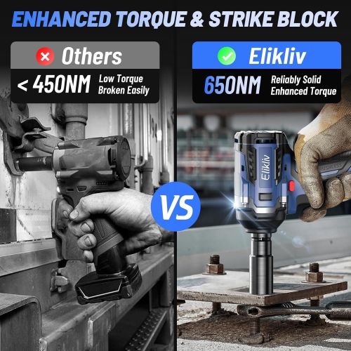 Elikliv Cordless Impact Wrench 1/2 inch, 500Ft-lbs Max Torque(650N.m), 21V 3000 RPM Power Impact Gun with 4 Sockets, 4000mAh Battery with Fast