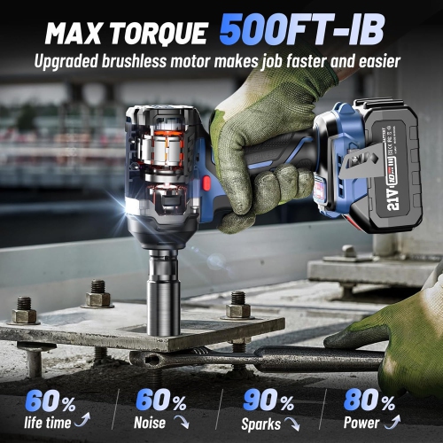 Elikliv Cordless Impact Wrench 1/2 inch, 500Ft-lbs Max Torque(650N.m), 21V 3000 RPM Power Impact Gun with 4 Sockets, 4000mAh Battery with Fast