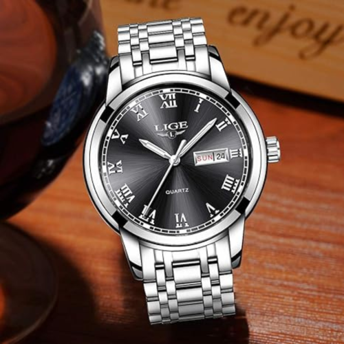 LIGE Mens Watches Fashion Waterproof Stainless Steel Analogue Quartz Watch Business Automatic Calendar Wrist Watch for Men