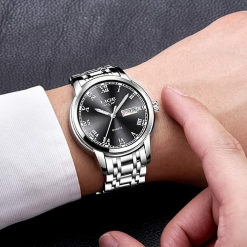 LIGE Mens Watches Fashion Waterproof Stainless Steel Analogue Quartz Watch Business Automatic Calendar Wrist Watch for Men