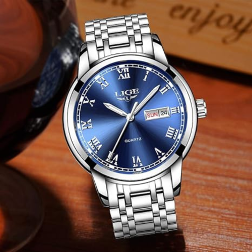 LIGE Mens Watches Fashion Waterproof Stainless Steel Analogue Quartz Watch Business Automatic Calendar Wrist Watch for Men