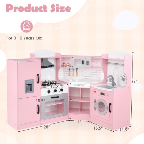 Honeyjou Corner Play Kitchen Toddler Kitchen Playset with Range Hood, Ice Maker, Microwave