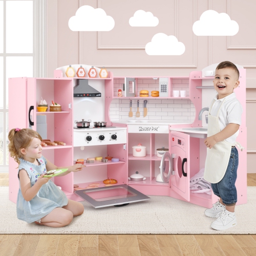 Honeyjou Corner Play Kitchen Toddler Kitchen Playset with Range Hood, Ice Maker, Microwave