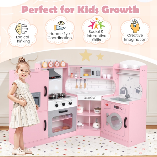 Honeyjou Corner Play Kitchen Toddler Kitchen Playset with Range Hood, Ice Maker, Microwave