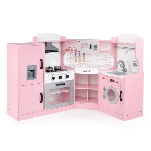 Honeyjou Corner Play Kitchen Toddler Kitchen Playset with Range Hood, Ice Maker, Microwave