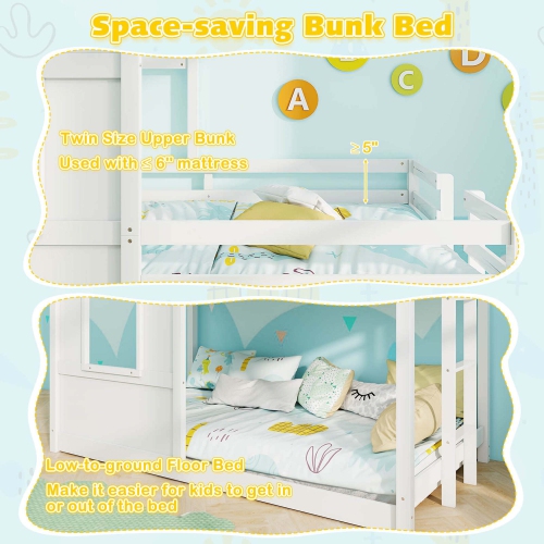 Costway House Bunk Bed Twin Over Twin with Built in Ladder Window & Safety Guardrail