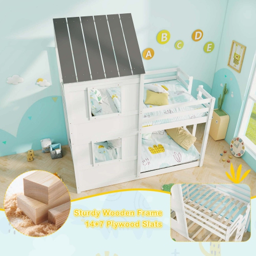 Costway House Bunk Bed Twin Over Twin with Built in Ladder Window & Safety Guardrail