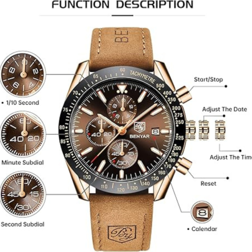 Mens Watches/Montre Homme Chronograph Analog Quartz Waterproof Wrist Watch for Men Business Casual Sport Date Dress Watch with Leather/Stainless