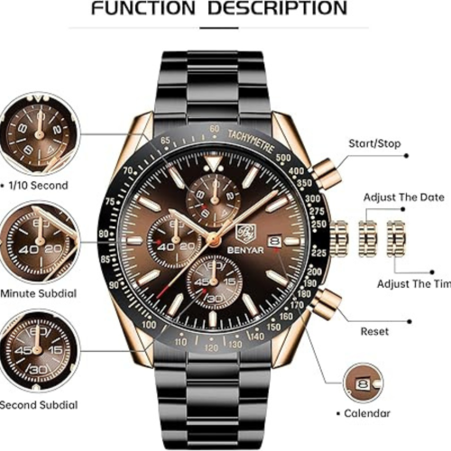 Mens Watches/Montre Homme Chronograph Analog Quartz Waterproof Wrist Watch for Men Business Casual Sport Date Dress Watch with Leather/Stainless