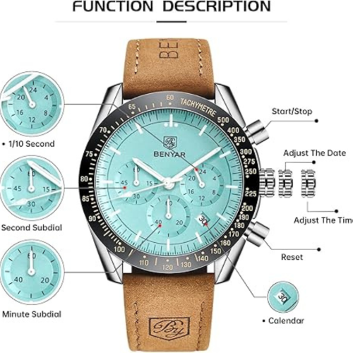 Mens Watches/Montre Homme Chronograph Analog Quartz Waterproof Wrist Watch for Men Business Casual Sport Date Dress Watch with Leather/Stainless