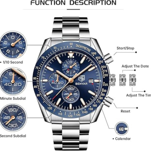 Mens Watches/Montre Homme Chronograph Analog Quartz Waterproof Wrist Watch for Men Business Casual Sport Date Dress Watch with Leather/Stainless