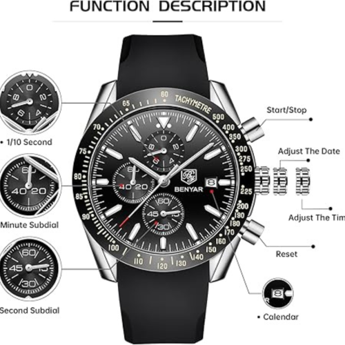 Mens Watches/Montre Homme Chronograph Analog Quartz Waterproof Wrist Watch for Men Business Casual Sport Date Dress Watch with Leather/Stainless
