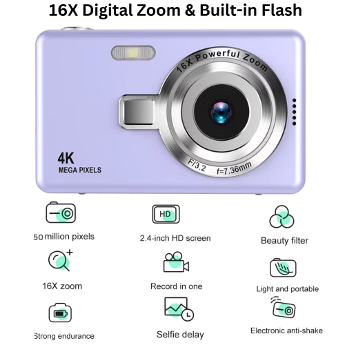 MAKATA Kid's 4K Digital Camera and Video Recorder 48MP 16X Zoom 1080P HD Vlogging Point and Shoot Camera 32GB Memory Card, Gift for Kids, Teens,