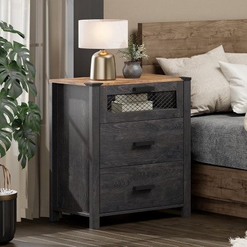 WAMPAT Nightstand with Drawers,Tall 3 Drawer Bedside Table for Bedroom,End Tables with Chest of Drawers for Living Room,Dark Walnut and Black
