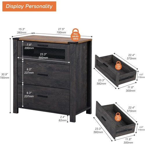 WAMPAT Nightstand with Drawers,Tall 3 Drawer Bedside Table for Bedroom,End Tables with Chest of Drawers for Living Room,Dark Walnut and Black