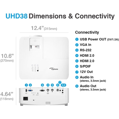 Optoma UHD38 Bright, True 4K UHD Gaming Projector | 4000 Lumens | 4.2ms Response Time at 1080p with Enhanced Gaming Mode by OPTOMA - Open Box condition - Image 3
