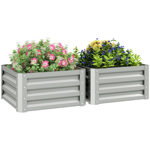 Outsunny 2' x 2' x 1' 2-Pieces Raised Garden Bed with Galvanised Steel Frame for Vegetables, Flowers, Herbs, Light Grey