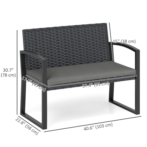 Outsunny 2 Seater Wicker Outdoor Bench, 37.4" Rattan Garden Bench with Cushion, Outdoor Loveseat with Armrests, Galvanised Steel Frame for Patio,