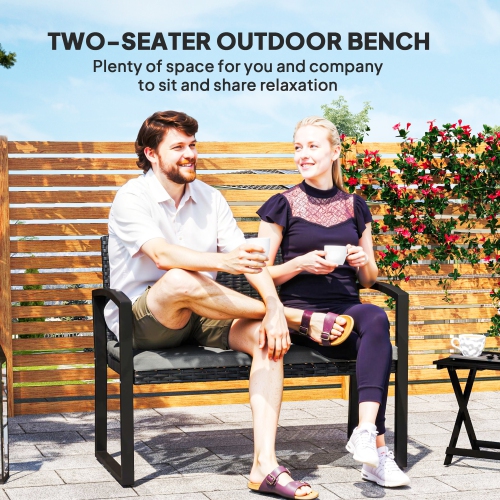 Outsunny 2 Seater Wicker Outdoor Bench, 37.4" Rattan Garden Bench with Cushion, Outdoor Loveseat with Armrests, Galvanised Steel Frame for Patio,