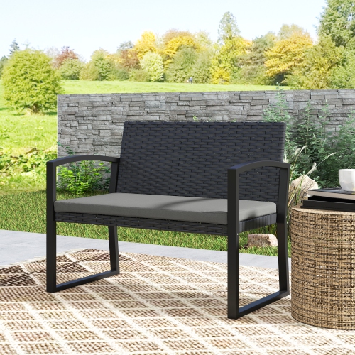 Outsunny 2 Seater Wicker Outdoor Bench, 37.4" Rattan Garden Bench with Cushion, Outdoor Loveseat with Armrests, Galvanised Steel Frame for Patio,