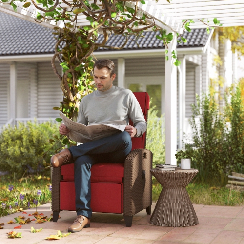 Outsunny Outdoor Recliner Chair with Cushion, PE Wicker Reclining Patio Lounge Chair with Adjustable Footrest, Armrests, Side Tray, for Balcony,