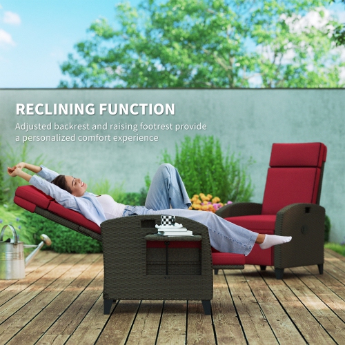 Outsunny Outdoor Recliner Chair with Cushion, PE Wicker Reclining Patio Lounge Chair with Adjustable Footrest, Armrests, Side Tray, for Balcony,