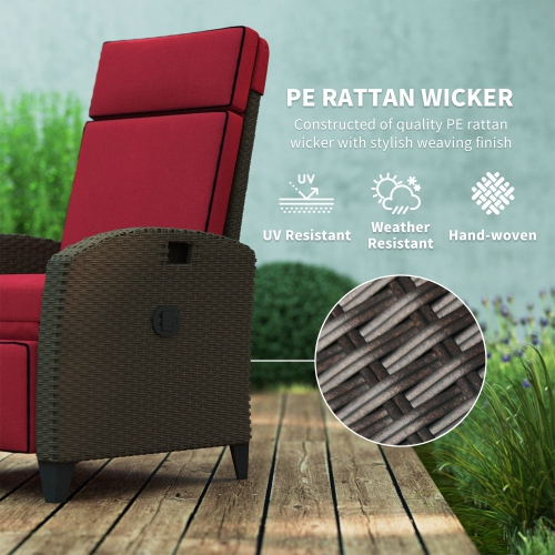 Outsunny Outdoor Recliner Chair with Cushion, PE Wicker Reclining Patio Lounge Chair with Adjustable Footrest, Armrests, Side Tray, for Balcony,