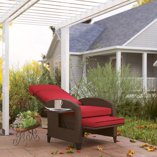 Outsunny Outdoor Recliner Chair with Cushion, PE Wicker Reclining Patio Lounge Chair with Adjustable Footrest, Armrests, Side Tray, for Balcony,