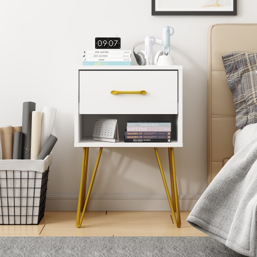 Homsee Modern Nightstand with Gold Accents and Spacious Storage for Bedroom or Living Room ,White