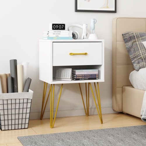 Homsee Modern Nightstand with Gold Accents and Spacious Storage for Bedroom or Living Room ,White