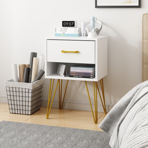 Homsee Modern Nightstand with Gold Accents and Spacious Storage for Bedroom or Living Room ,White