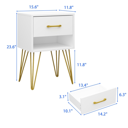 Homsee Modern Nightstand with Gold Accents and Spacious Storage for Bedroom or Living Room ,White