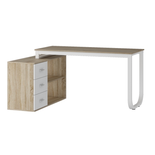 Homsee Modern L-Shaped Desk with Storage Shelves and Drawers, Computer Desk with Open Shelving for Home Office, White and Oak