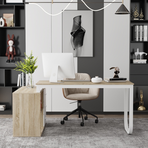 Homsee Modern L-Shaped Desk with Storage Shelves and Drawers, Computer Desk with Open Shelving for Home Office, White and Oak