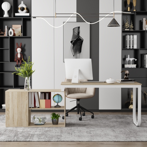 Homsee Modern L-Shaped Desk with Storage Shelves and Drawers, Computer Desk with Open Shelving for Home Office, White and Oak
