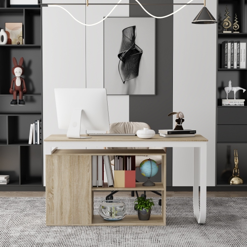 Homsee Modern L-Shaped Desk with Storage Shelves and Drawers, Computer Desk with Open Shelving for Home Office, White and Oak