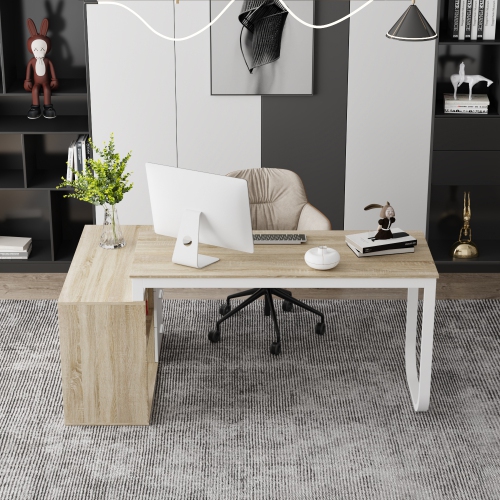 Homsee Modern L-Shaped Desk with Storage Shelves and Drawers, Computer Desk with Open Shelving for Home Office, White and Oak