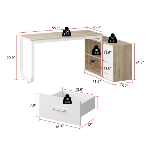 Homsee Modern L-Shaped Desk with Storage Shelves and Drawers, Computer Desk with Open Shelving for Home Office, White and Oak