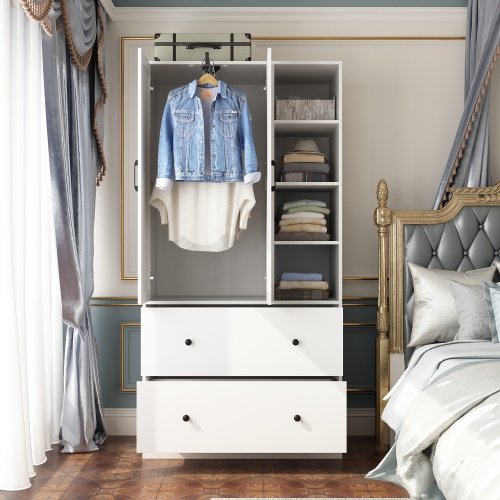 Homsee Spacious Wardrobe Armoire with Hanging Rod, Shelves, and Large Drawers for Bedroom Organization ,White