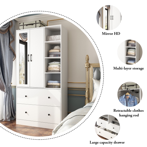 Homsee Spacious Wardrobe Armoire with Hanging Rod, Shelves, and Large Drawers for Bedroom Organization ,White