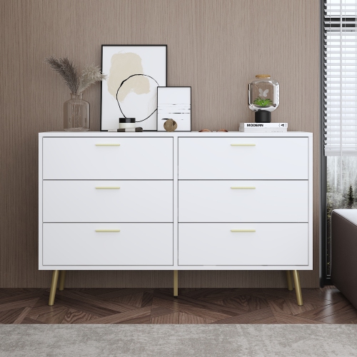 Homsee 6-Drawer Wood Dresser with Gold Metal Legs, Modern Storage Chest for Bedroom, Living Room & Hallway , White