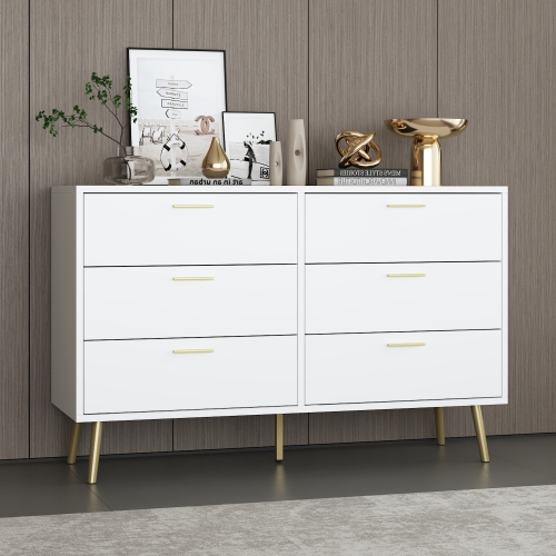 Homsee 6-Drawer Wood Dresser with Gold Metal Legs, Modern Storage Chest for Bedroom, Living Room & Hallway , White