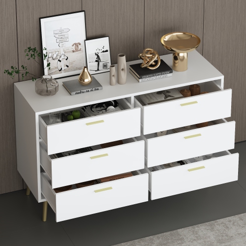 Homsee 6-Drawer Wood Dresser with Gold Metal Legs, Modern Storage Chest for Bedroom, Living Room & Hallway , White