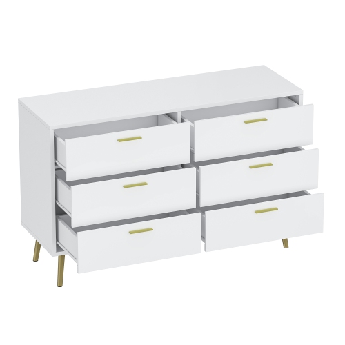 Homsee 6-Drawer Wood Dresser with Gold Metal Legs, Modern Storage Chest for Bedroom, Living Room & Hallway , White