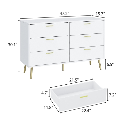 Homsee 6-Drawer Wood Dresser with Gold Metal Legs, Modern Storage Chest for Bedroom, Living Room & Hallway , White