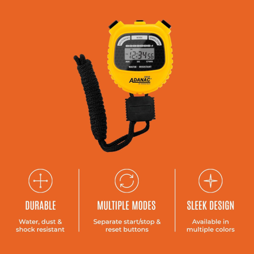 Adanac 3000 Digital Sports Stopwatch Timer with Extra Large Display and Buttons, Water Resistant- Yellow