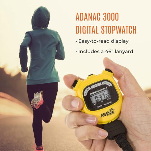 Adanac 3000 Digital Sports Stopwatch Timer with Extra Large Display and Buttons, Water Resistant- Yellow