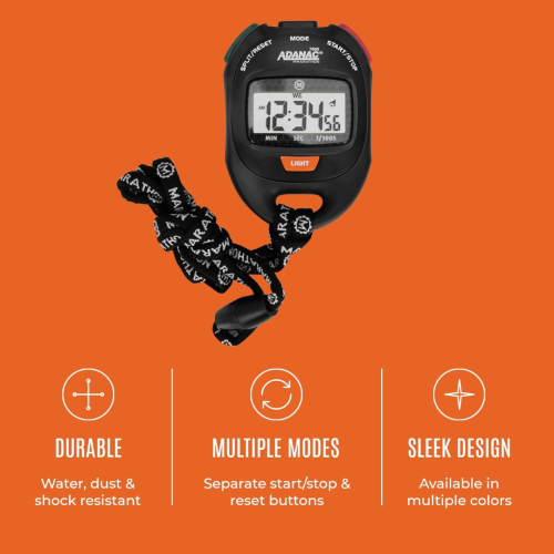 MARATHON Adanac Professional Stopwatch Timer with Digital Backlight Display, Waterproof, Dustproof, Shock Resistant, Black