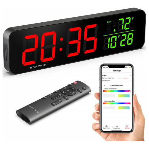 15.2" Gym Timer, App & Remote Control, Customizable LED Colors, Temperature, Date, Workout Interval Timer Stopwatch Countdown Large Digital Wall Cloc