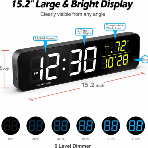 15.2" Gym Timer, App & Remote Control, Customizable LED Colors, Temperature, Date, Workout Interval Timer Stopwatch Countdown Large Digital Wall